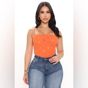 Fashion Nova - Orange Spaghetti Strap Cutout Knit Bodysuit, Small